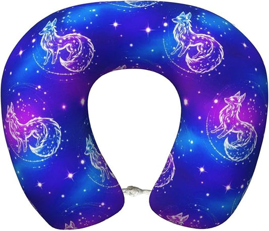 Travel Neck Pillow for Pain Relief Sleeping, Galaxy Wolf, Comfortable Memory Foam Chin Head Cushion Support with Zip Cover, Fashion Car Flight Pillows