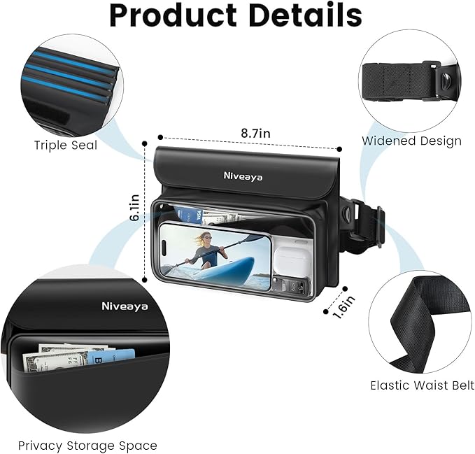Niveaya IP68 Waterproof Fanny Pack - 2 Pack, Floating Dry Bag Pouch, Phone Waterproof Waist Pouch Dry Bag, Beach, Kayaking, Swimming, Boat Essentials, for iPhone 17/16/15/14/13/12 Pro Max up to 9.5"