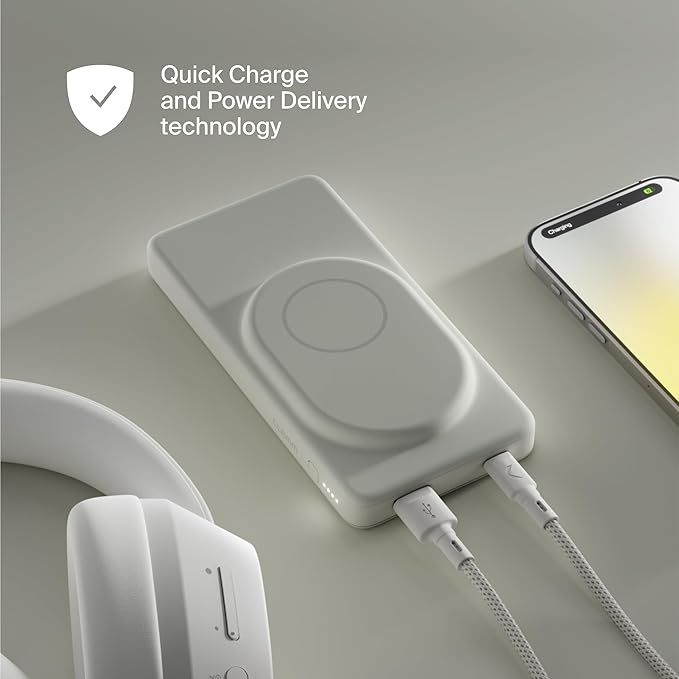 Clemm Portable 10000 mAh Wireless Power Bank, Travel Essential, Quick Charging for iPhone 16/15/14/13/12/11/X, Samsung Galaxy, iPad, Google Pixel & More - USB-C × 1 & USB-A × 1, Ivory