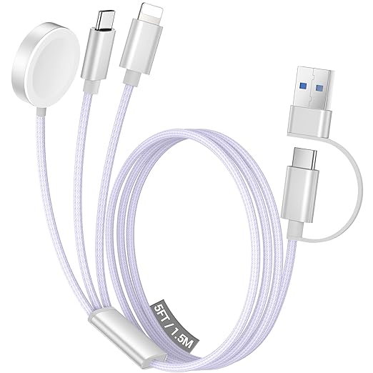 Temdan for Travel Vacation Essentials,3 in 2 USB C Cable for Apple Watch Charger/iPhone 17 Charger/Lightning,Multi Charging Cable Cord,Camping Essentials,Designed for iWatch &iPhone 16-12-5FT Purple