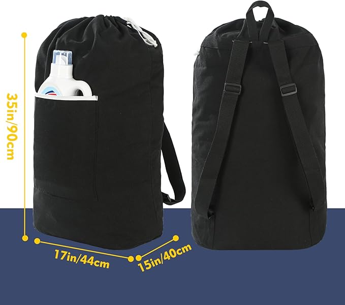 Canvas Laundry bag, Washable Laundry backpack, Adjustable Straps, Large Front Pocket, Drawstring Closure (BLACK, XX-Large)
