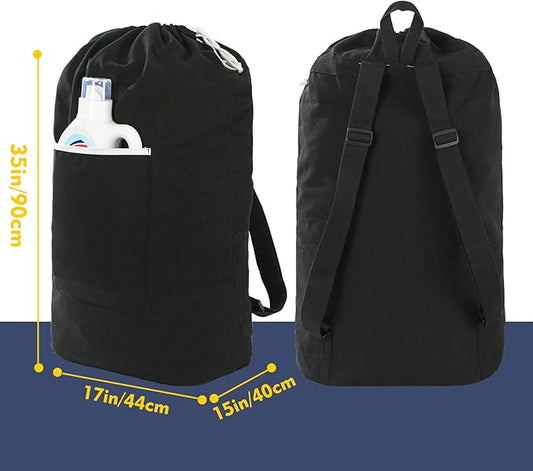 Canvas Laundry bag, Washable Laundry backpack, Adjustable Straps, Large Front Pocket, Drawstring Closure (BLACK, XX-Large)