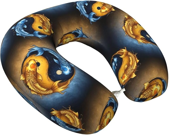 Comfortable Travel Pillow for Pain Relief Sleeping, Memory Foam Airplane Car Neck Pain Pillows Koifish Fish Yin Yang, Funny Chin Head Support Cushion