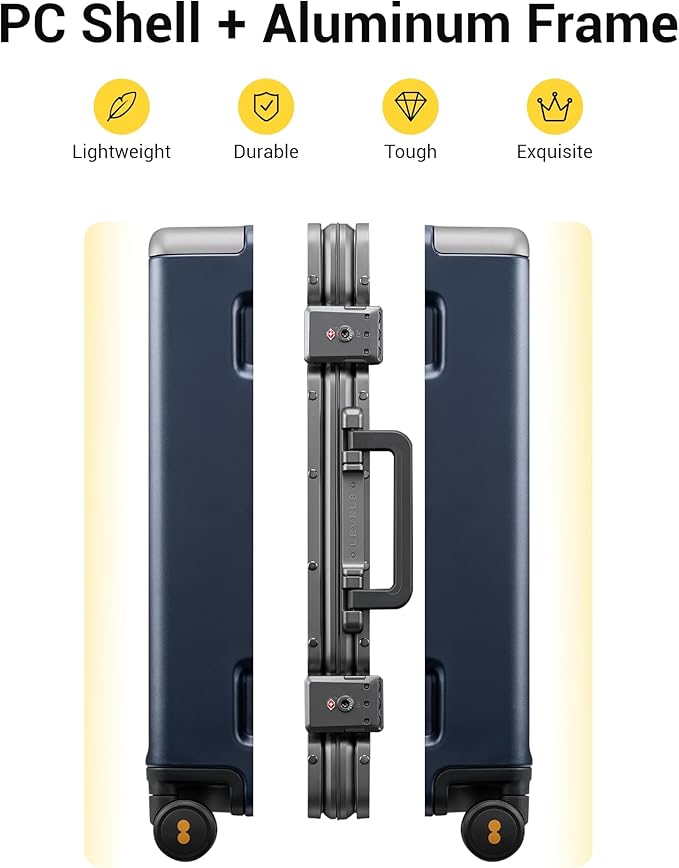 LEVEL8 Carry On Luggage Airline Approved Zipperless with Aluminum Frame, Hard Case Luggage with Spinner Wheels, Metal Travel Suitcase with Packing Organizers, 20 Inch, Blue