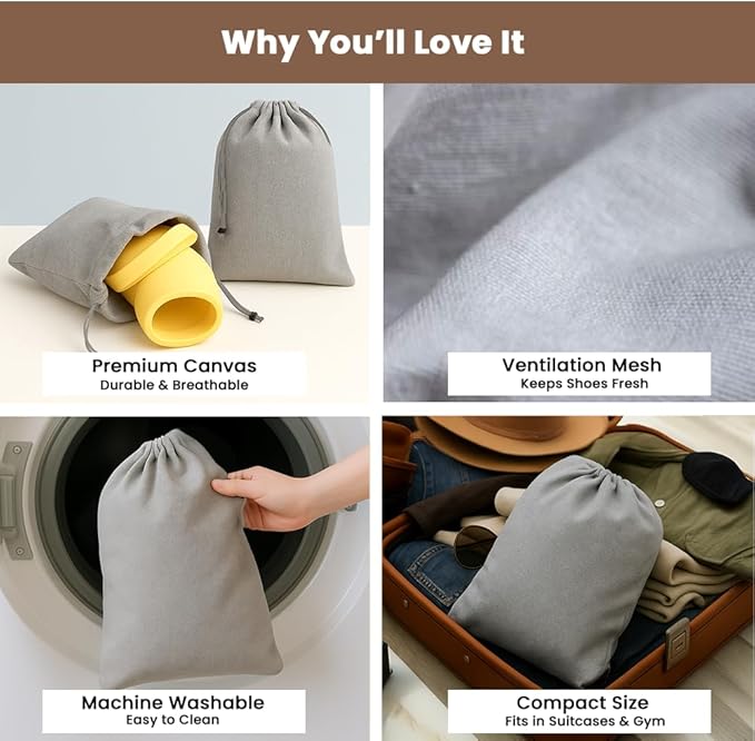 LFH Cotton Rich Shoe Storage Bags with Drawstring, Dustproof Breathable Reusable Organizer, Perfect For Travel, Dorm, Hotel, College, Gym, Easy to Carry, Machine Washable 12"x17" (Pack of 2) - Grey