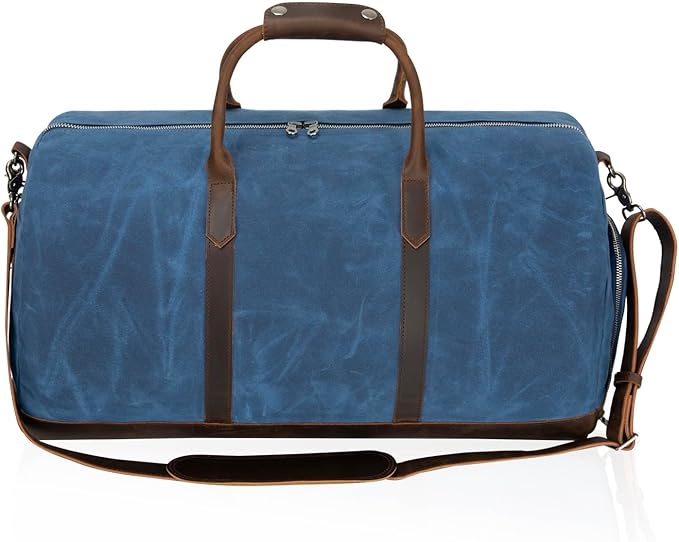 Waxed Canvas Weekender Duffle Bag, Vintage Style Travel Bag with Leather Trim, Army Green (Blue)