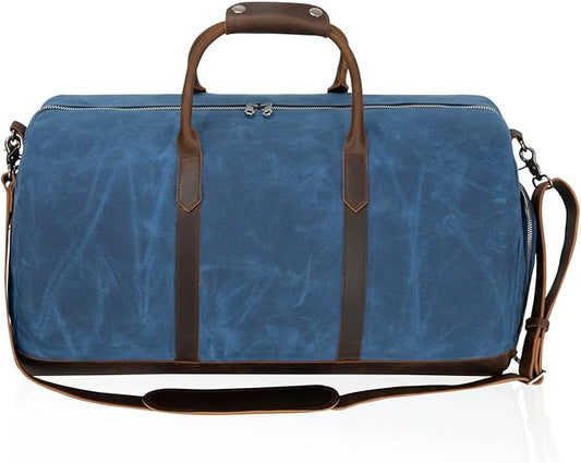 Waxed Canvas Weekender Duffle Bag, Vintage Style Travel Bag with Leather Trim, Army Green (Blue)