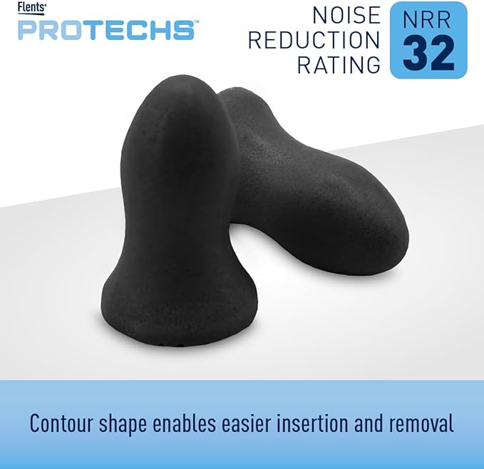 Flents Protechs Contoured for Comfort Foam Ear Plugs, Soft & Comfortable Hearing Protection for Work, Construction, Heavy Machinery, Studying, Travel & Sleep, NRR 32, Easy to Use, Black, 50 Pairs