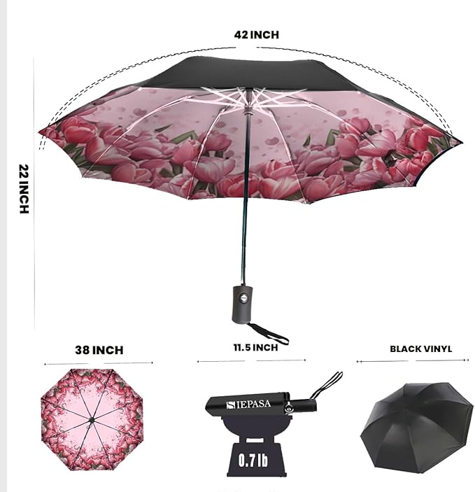 SIEPASA Compact Travel Umbrella - Windproof Auto Open/Close, Lightweight Folding Umbrella wIth Fiberglass Frame & Waterproof Canopy. Fits Backpack/Purse. (Tulip)