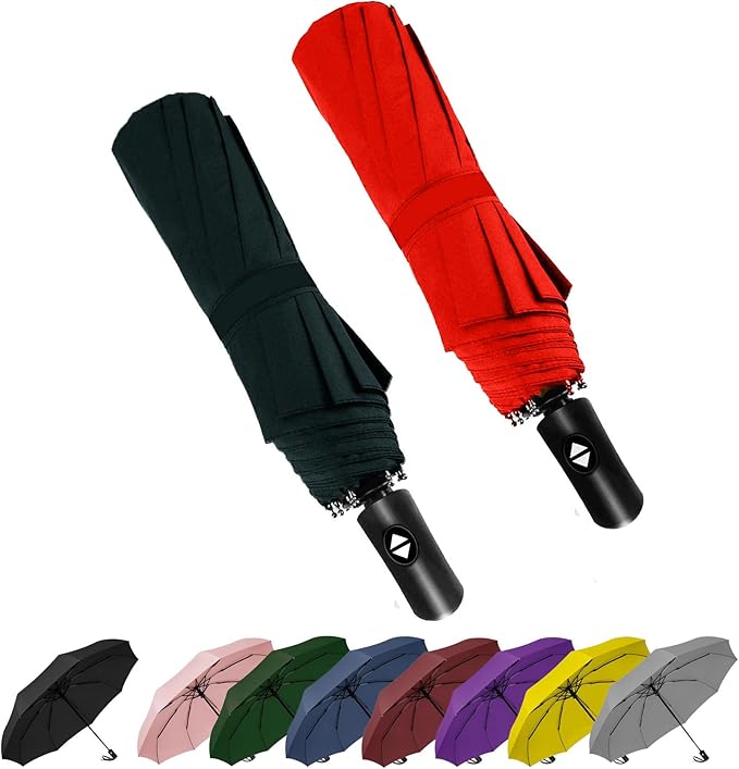 SIEPASA 2 Packs Windproof Travel Compact Umbrella, 8-Ribs Anti-UV Waterproof Folding Umbrella with Telfon Coating-One Button for Auto Open and Close. (Black & Red, 2 Pack)