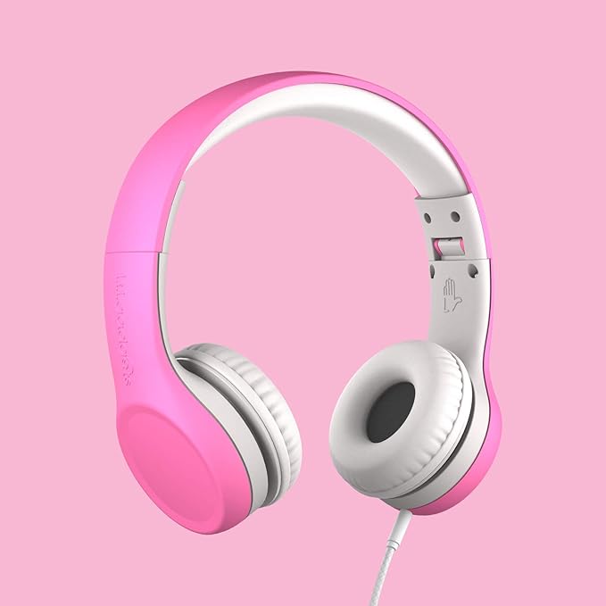 LilGadgets Connect+ Foldable Headphones, Adjustable Fit Soft Touch Padding for Kids with Mic, Volume-Limited & Noise Reduction On-Ear Wired Headset for School with SharePort - Pink, Ages 3-14