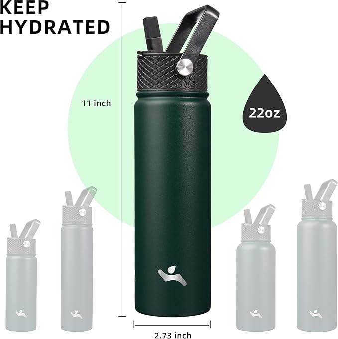 22oz Stainless Steel Bottles with 3 Lids Sport Insulated Water Bottle,Army Green