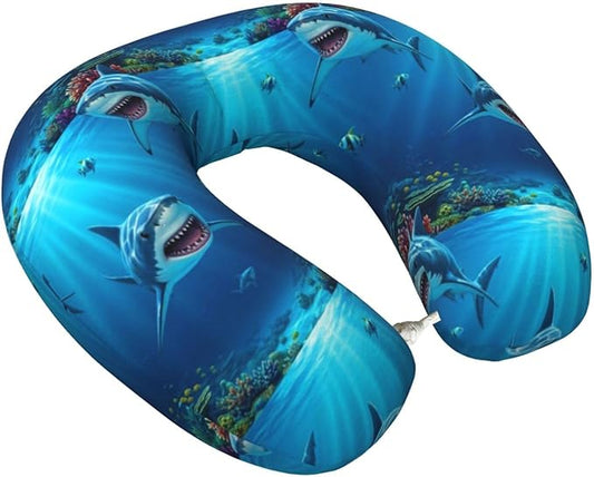 Neck Support Pillow, Comfortable Memory Foam Car/Flight/Airplane Chin Pillows U Shaped Cushion for Office Travel Sleeping Ocean Animals Sea Shark