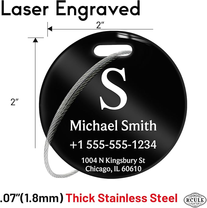 Stainless Luggage Tags for Suitcases 4 Pack: Metal Personalized Luggage Tags for Backpacks & Bags with Customizable Texts (Black)