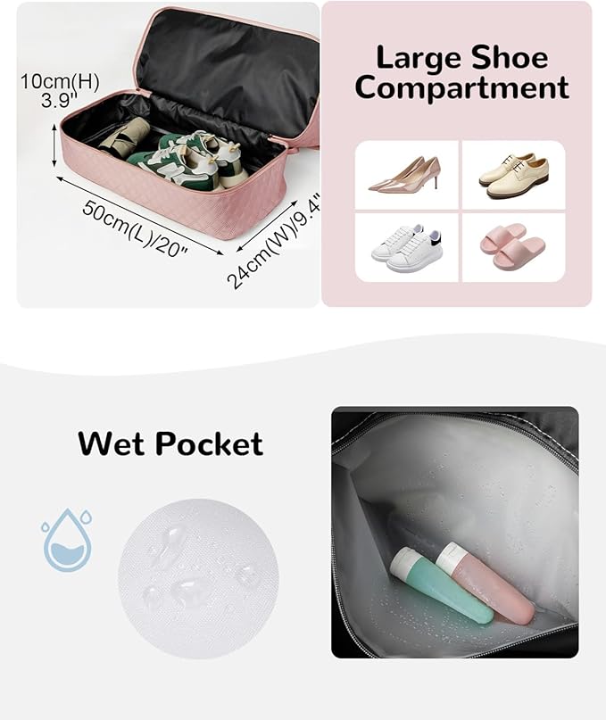 50L Large Travel Duffel Bag with Shoe Compartment & Toiletry Bag for Women, Large Hospital Bag with Wet Pocket, Pink