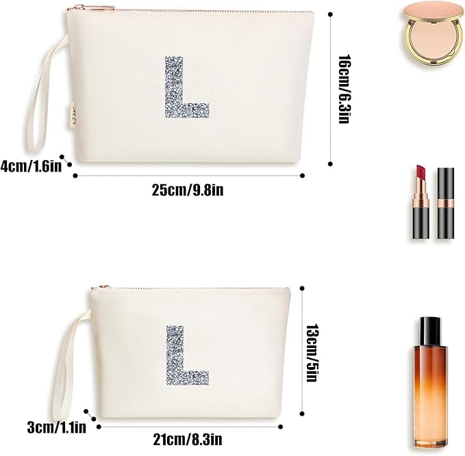 A-Z BAG 2pcs Personalised Makeup Bag Set, Canvas Cosmetic Bag with Rhinestone Initial, Birthday Gifts for Women (L, Beige)