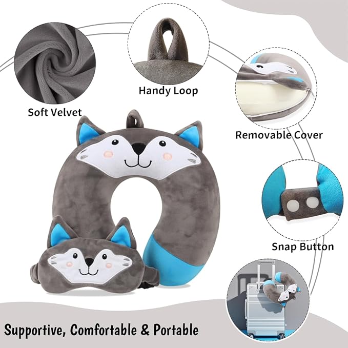 Sexysamba Travel Pillow for Kids Adults with Sleep Eye Mask Cute Cartoon U Shaped Memory Foam Neck Pillows for Travel Head Rest & Neck Support for Airplane, Car, Office Sleeping, Grey Wolf
