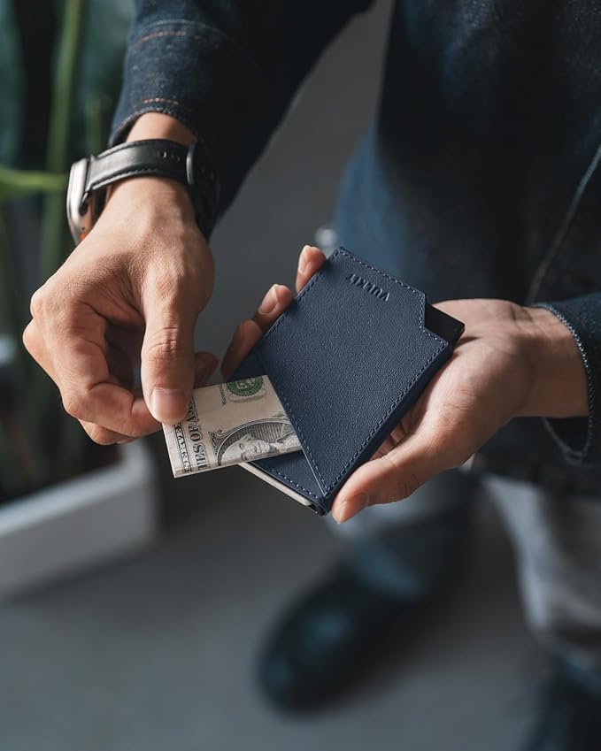 VULKIT Pop up Card Wallet Top-Grain Genuine Leather RFID Blocking Slim Aluminum Metal Bank Card Holder Case with Business Money Pocket for Credit Cards Notes and Coins Navy
