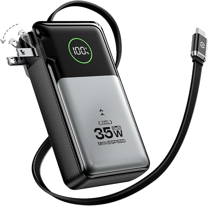 MOVE SPEED 3 in 1 Portable Charger with Built-in Retractable 27.6in Cable and Foldable Wall Plug, 35w 10,000mAh Fast Charging Power Bank, Travel Essential Battery Pack for iPhone 17/16/15,Galaxy
