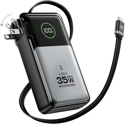 MOVE SPEED 3 in 1 Portable Charger with Built-in Retractable 27.6in Cable and Foldable Wall Plug, 35w 10,000mAh Fast Charging Power Bank, Travel Essential Battery Pack for iPhone 17/16/15,Galaxy