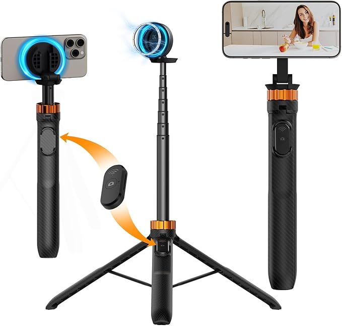 K&F Concept 63'' Magnetic Selfie Stick Tripod for iPhone, Lightweight Cellphone Stand with Wireless Remote, Compatible with iPhone 17 Pro Max/16/15/14/13/12 Series and All Phones