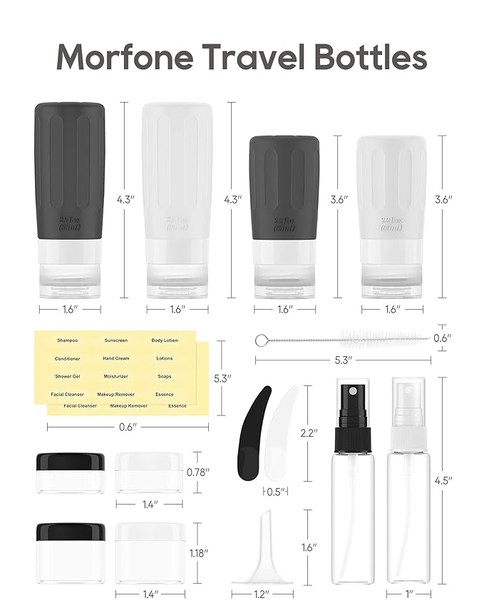 Morfone 16 Pack Silicone Travel Bottles Set for Toiletries TSA Approved Travel Containers Leakproof Squeezable Refillable Accessories 2oz 3oz Travel Essentials for Shampoo Lotion Liquids (BPA Free)