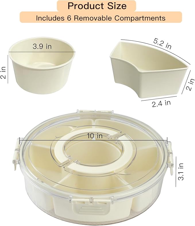 Rotating Divided Serving Tray with Lid and Handle,Snackle Box Container 6-Compartment,Round Snack Box Charcuterie Containers Snack Spinner,Snack Organizer Fruit Platter Veggie Tray for Christmas Party