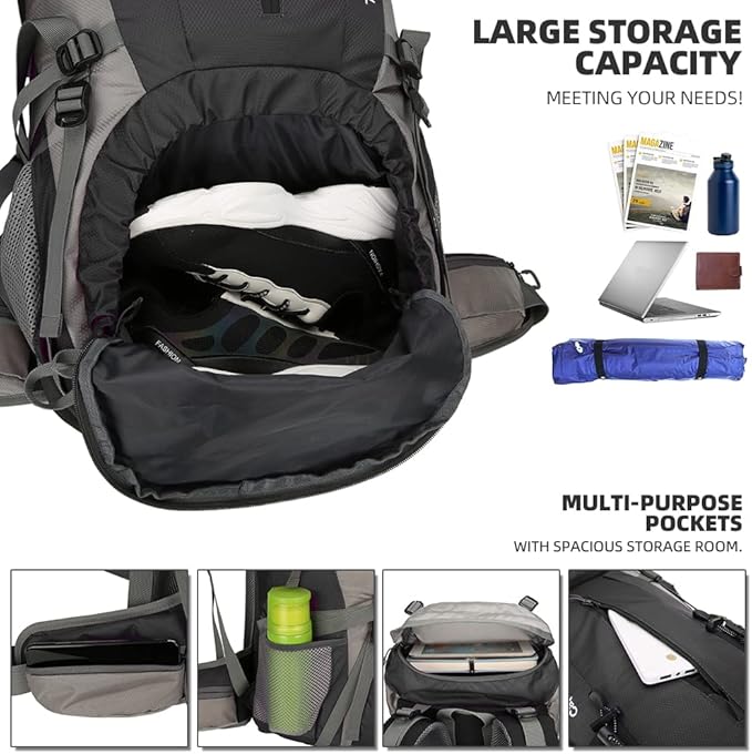 King'sGuard 70L Hiking Backpack with Rain Cover Lightweight Waterproof Travel Camping Backpack Large Backpacking Pack
