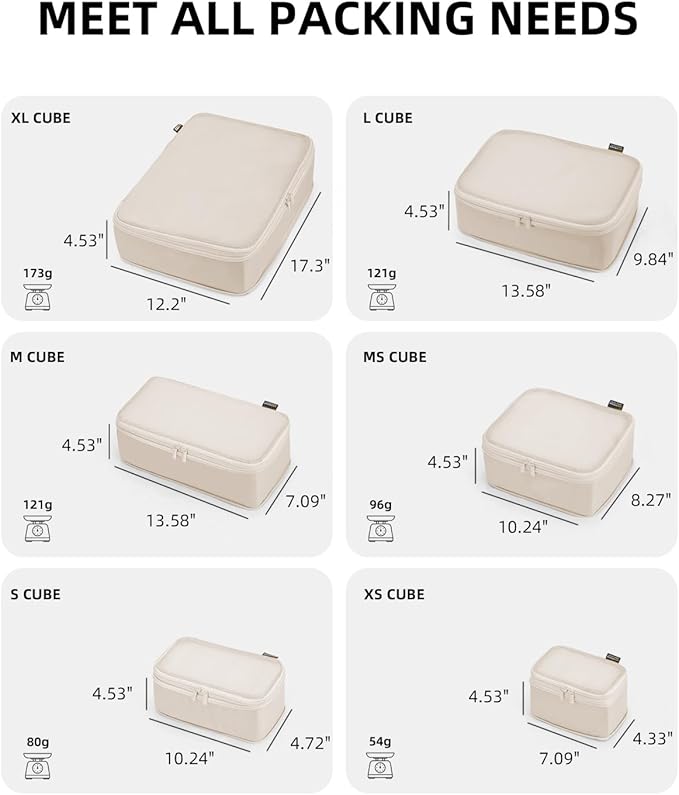 6 Set Compression Packing Cubes for Travel, Large Medium Small Luggage Organizers, Storage Bags for Clothes (6 Pack, Cream White)