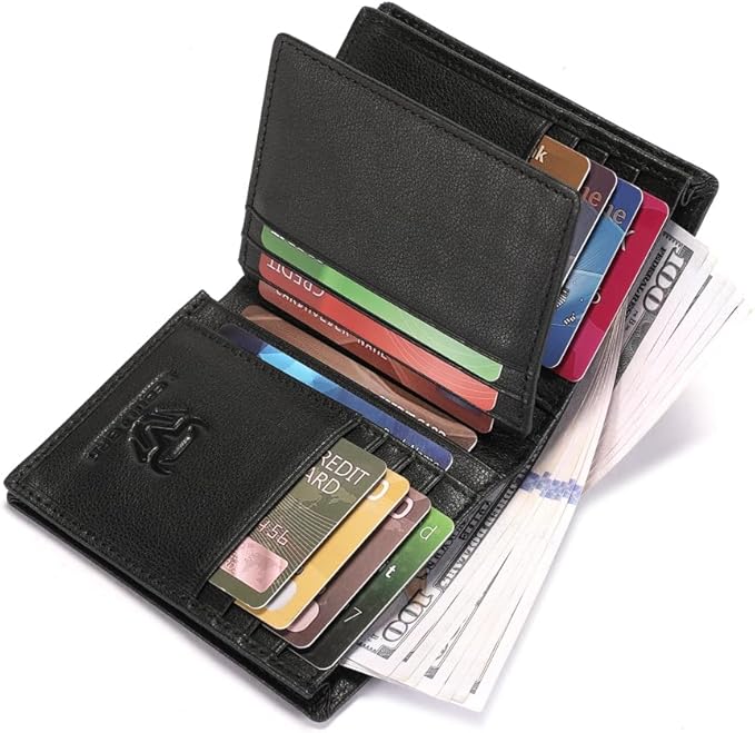 LEBULLBRO Genuine Leather Bifold Wallet RFID Blocking Wallet Large Capacity Purse Credit Card Holder for Men with 15 Card Slots (Black)