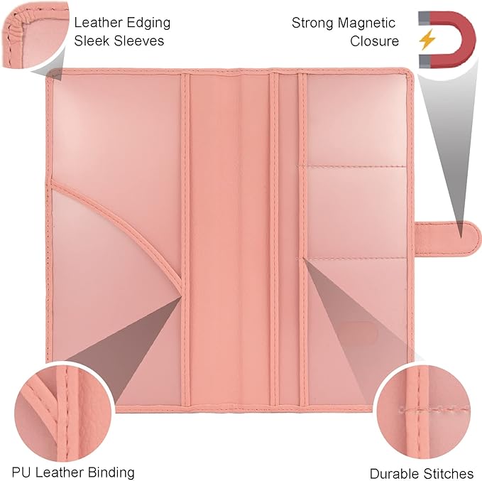 Car Registration and Insurance Holder, Leather Magnetic Shut Vehicle Glove Box Organizer for Document, Card, Driver License, Pink