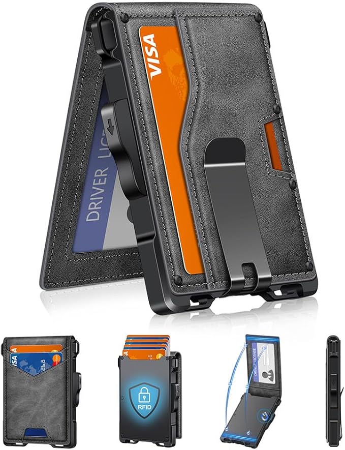 Wallet for Men, Minimalist Slim Mens Wallet with Money Clip, RFID Blocking Smart Pop Up Card Wallet with ID Window, Compact Bifold Wallet,Metal Aluminum Credit Card Holder