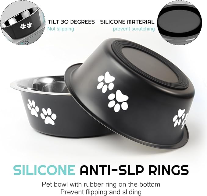 YUDANSI Dog Bowls 2 Pack Small Medium Dogs Feeding Food Water Bowl with Non-Slip Silicone Sole, Stainless Steel Dog Dishes Elevated Raised Pet Feeder(Black, M(3.6 Cups)