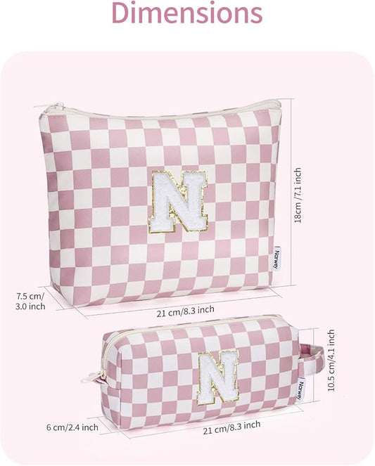 Narwey 2 Piece Personalized Initial Makeup Bag Checkered Cosmetic Bags, 6 8 10 11 12 13 14 16 18 Years Old Teen Girl Gifts Trendy Stuff Birthday Gifts for Women, Travel Toiletry Bag (Pink Letter N)