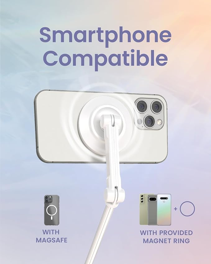 KraftGeek Magnetic Phone Tripod for iPhone MagSafe – 66'' Automatic Selfie Stick with Remote, Portable Tripod Stand for Video Recording, Travel, Vlogging (White)