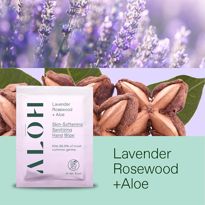 ALŌH Skin- Softening Sanitizing Hand Wipes – Lavender Rosewood + Aloe -1 box of 20ct Individually Wrapped Wipes