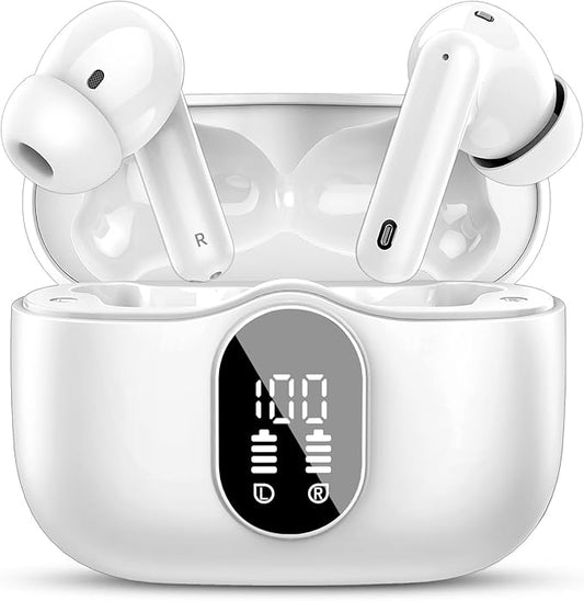 Wireless Earbuds, Bluetooth 5.4 Headphones Bass Stereo, Ear Buds with Noise Cancelling Mic, LED Display in Ear Earphones Clear Calls, IP7 Waterproof Bluetooth Earbuds for Laptop/Phones/Sports, White
