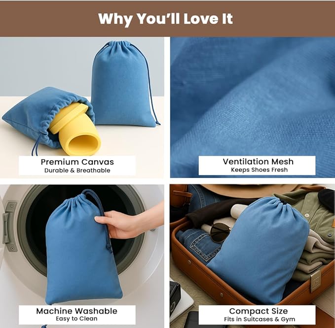 LFH Cotton Rich Shoe Storage Bags with Drawstring, Breathable Reusable Organizer, Perfect For Travel, Dorm, Hotel, College, Gym, Easy to Carry, Machine Washable 12"x17" (Pack of 4) - Sky Blue