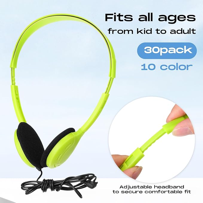 Yunsailing 30 Pack Bulk Over Ear Headphones Set On Ear Headsets Earphones with Adjustable Headband and 3.5mm Plug for Group Learning, Computer Lab, Library, Online Lesson (Macaron Color)