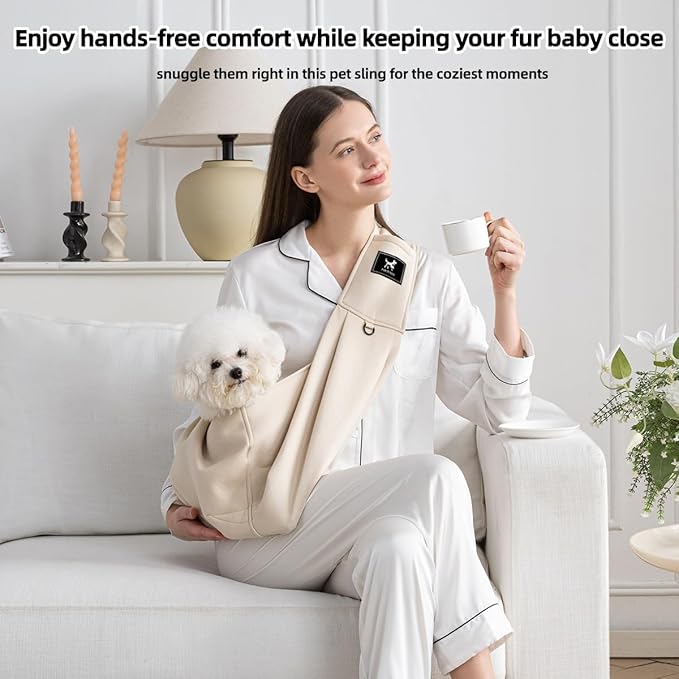PAWPUBBY Dog Sling Carrier, Hands-Free Puppy Carrier Bag for Small Dogs & Cats 8-15 lbs, Adjustable Padded Shoulder Strap, Double Safety Buckles, Soft Pet Sling for Outdoor Travel, Apricot, L