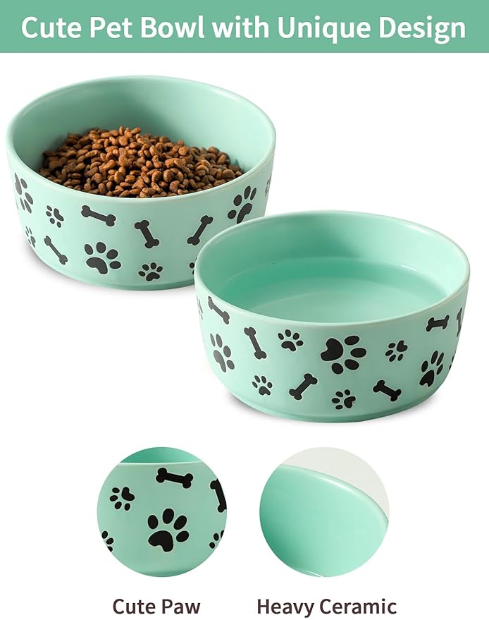 UBEE Ceramic Dog Bowl Set of 2, 6.5 inch Dog Food Bowl Dish with Bone Paw Pattern, Pet Food Water Dish Feeding for Small and Meidum Dogs and Large Cat, Green