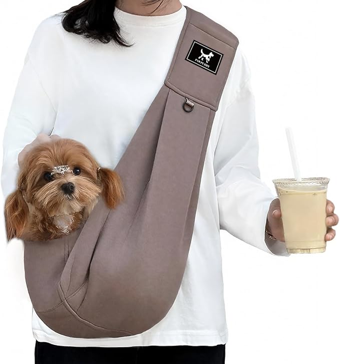 PAWPUBBY Cat & Dog Sling Carrier, Small Dog Carrier for Dachshund & Chihuahua 8-15 lbs, Adjustable Padded Shoulder, Hands-Free Puppy Sling with Double Safety Buckles for Outdoor Travel, Caramel, L