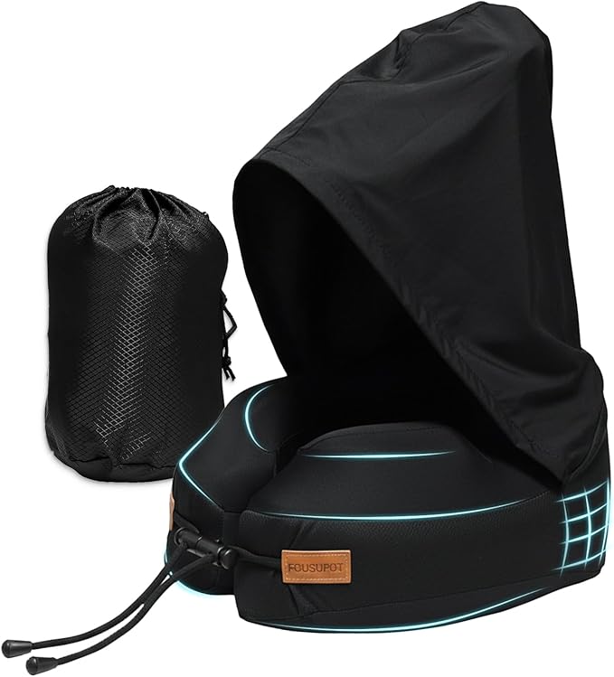 Travel Pillow with Hood, Memory Foam Airplane Neck Pillow for Long Flight, Soft, Comfort Portable Travel Neck Pillow for Flight, Drive, Work, Rest, with Storage Bag