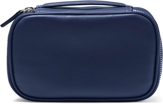 Leatherology Navy Blue Small Travel Organizer – Full-Grain Leather Tech & Toiletry Case with Zipped Mesh Pocket, Elastic Loops & Water-Resistant Lining