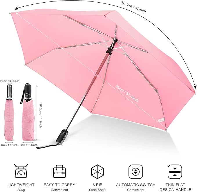 LEAGERA Compact Travel Umbrella for Purse - Flat Handle, Waterproof for Light Rain