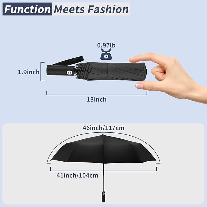 Satol Compact Umbrellas Automatic Open/Close, 46 Inch Windproof Travel Umbrellas, 10-Rib Umbrella for Rain, UPF 50+ UV Protection Sturdy Folding Umbrella