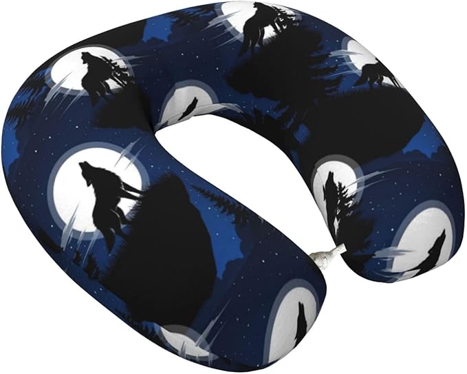 Neck Support Pillow, Comfortable Memory Foam Car/Flight/Airplane Chin Pillows U Shaped Cushion for Office Travel Sleeping Wolf Howling On The Full Moon