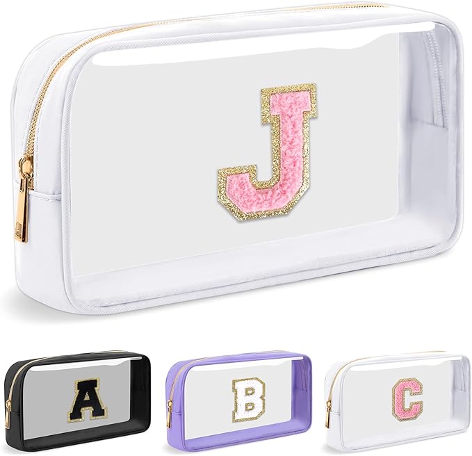 Personalized Initial Letter Clear Makeup Bag,Preppy Small Nylon&PVC Cosmetic Zipper Bag with Chenille Letter,Travel Skincare Toiletry Bag,Monogram Christmas Gift for Teen Girls Women,J