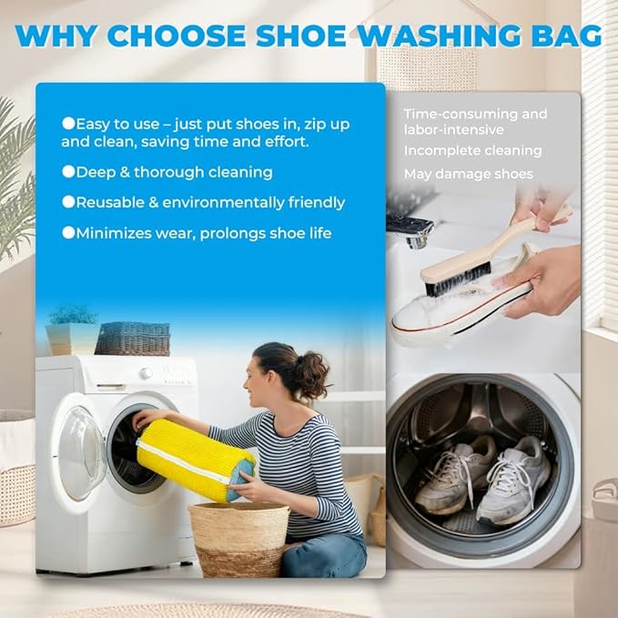 Shoe Washing Machine Bag Laundry Shoe Bag for Washer and Dryer Reusable 2pcs Yellow Shoe Cleaning Bags 360° Deep Cleaning Machine for All Shoes Types With Self-locking Zipper