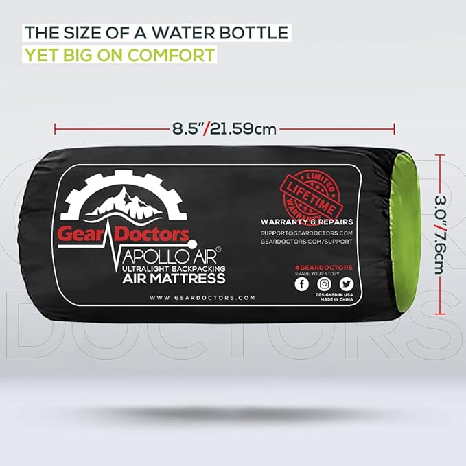 Gear Doctors ApolloAir 5.2 R-Value [17oz] Ultralight Insulated Inflatable Camping Sleeping Pad — Backpacking Sleeping Pad — Camping Mattress Compact Lightweight for Hiking—Air Mattress for Backpacking